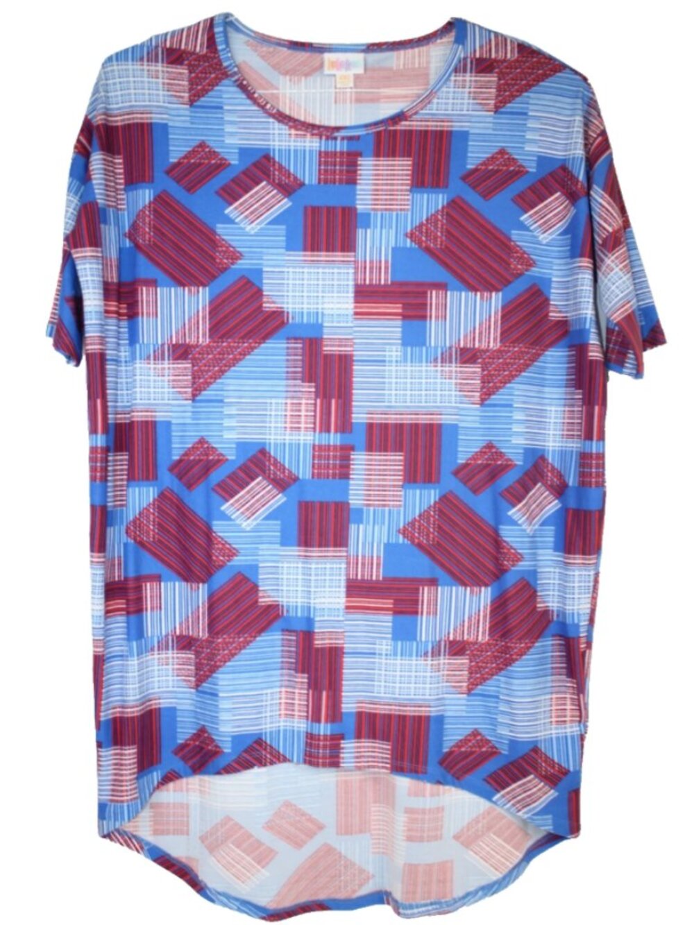 LuLaRoe IRMA T Shirt Women's Top Short Sleeve NWT XXS 2XS Red White Blue Squares